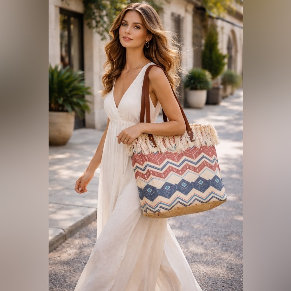 Boho Aztec Fringe Tote Bag Tribal Canvas Beach Shopper Southwest Style Summer